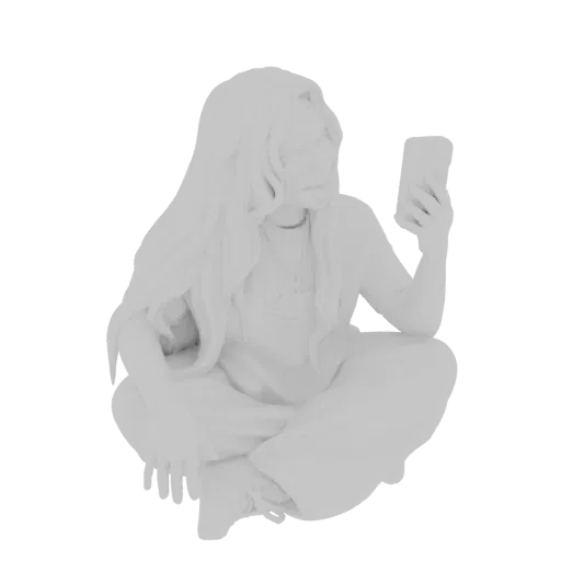 3D model of a woman sitting cross-legged and holding a smartphone to take a selfie, with long hair.