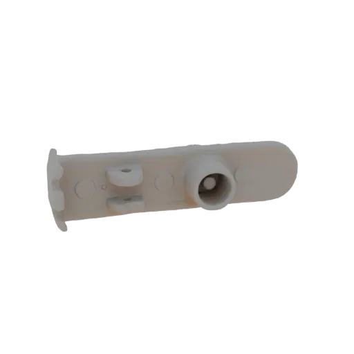 3D model of a white plastic cable management clip with two screw holes for mounting, designed for wire organization.