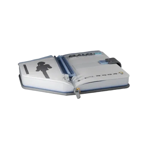 Corporate Notebook 3D model, three-quarter front view, Unreal Engine viewport, showing plastic, desk-scale silhouettes.
