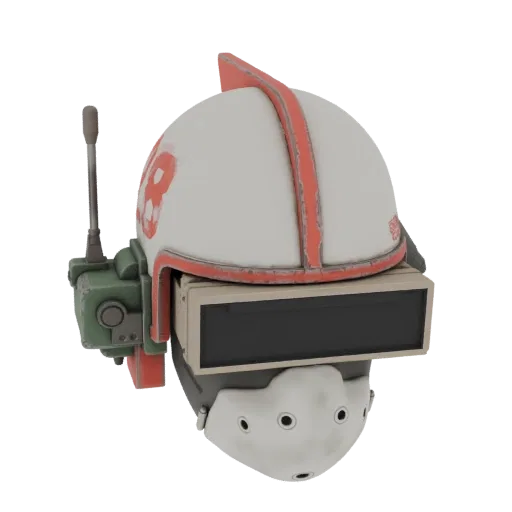 3D model of a retro sci-fi helmet with a white and red design, featuring a vintage screen and communication antenna.
