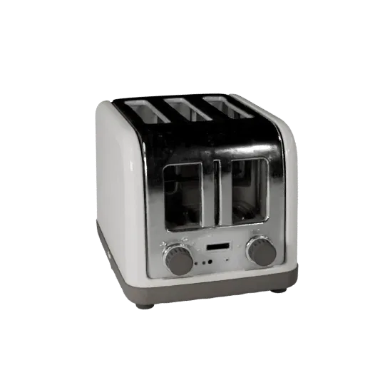 Compact Toaster Realistic 3D model, dining room, three-quarter studio render, plastic detail.