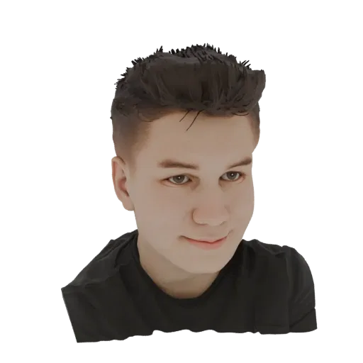 3D model render of a young man's bust with short dark hair, wearing a black t-shirt, looking forward with a slight smile.