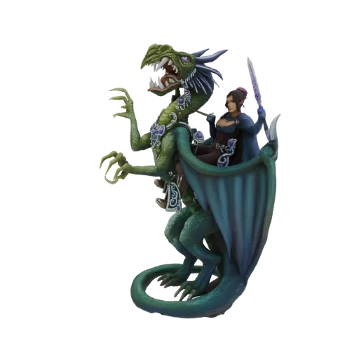 3D model of a green dragon with purple jewel armor, carrying a warrior with a glowing sword.