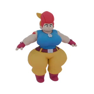 Modelo 3D de personagem feminino estilizado com top azul, calças amarelas e cabelo vermelho, em pose com braços estendidos.
