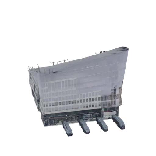 Rendering 3D di un edificio curvo futuristico con facciata traslucida e baie per veicoli integrate alla base.