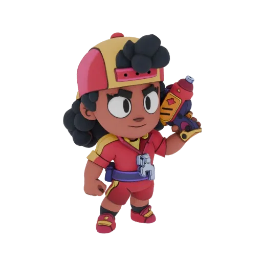 3D model of Shelly from Brawl Stars, wearing a red and yellow outfit and holding a shotgun, posed dynamically.