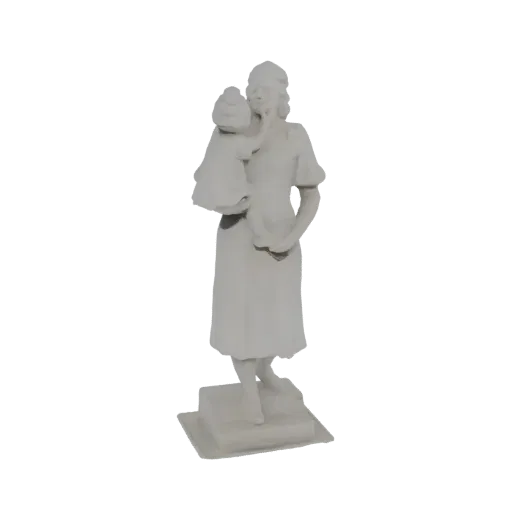3D model of a mother tenderly holding her child, depicted as a smooth, pale sculpture on a square base.