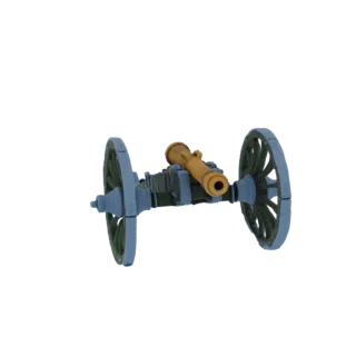 Modello 3D di un cannone da campo d'epoca con cannone dorato e affusto grigio con grandi ruote a raggi, su sfondo bianco.