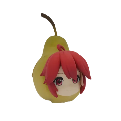 3D model of a green pear with a cute anime character's head, featuring red hair and large eyes, emerging from the top.