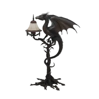 3D model of a dark gothic dragon perched on a twisted, branch-like lamp post with a cream-colored lampshade.