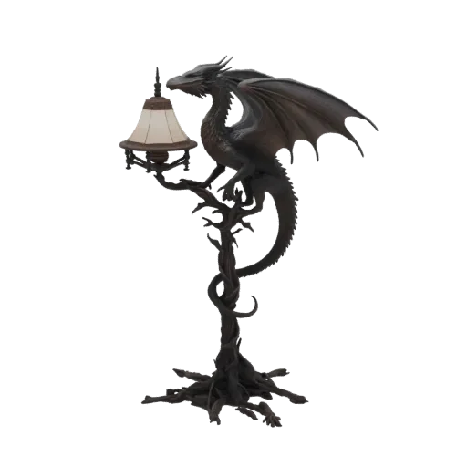 3D model of a dark gothic dragon perched on a twisted, branch-like lamp post with a cream-colored lampshade.