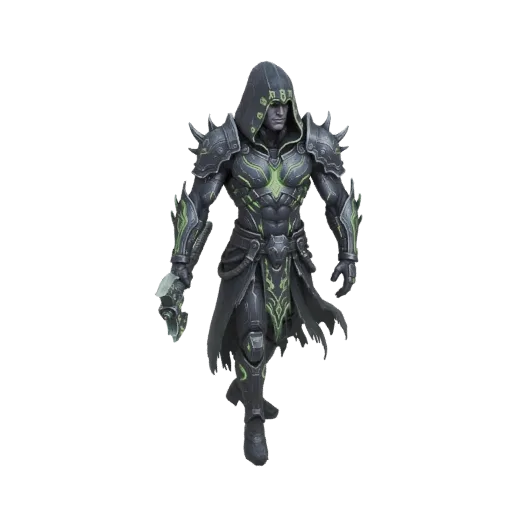 3D model of a Dark Knight Warrior in dark armor with glowing green accents and a hooded cowl, holding a crystalline blade.