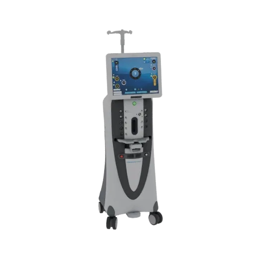 Modello 3D di un moderno sistema laser medico con schermo touchscreen e base con ruote, presentato su sfondo bianco.
