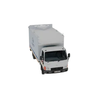 3D-Modell eines weißen Hyundai HD72 Kastenwagens mit geschlossenem Ladecontainer, aus einem leicht erhöhten vorderen rechten