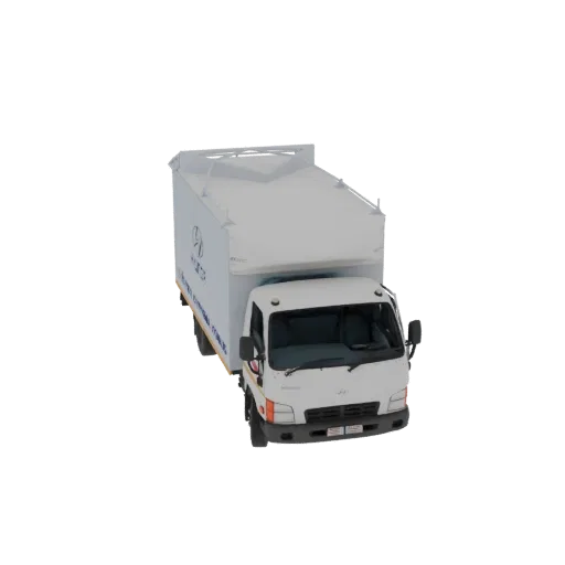 3D model of a white Hyundai HD72 box truck with a closed cargo container, viewed from a slightly elevated front-right angle.