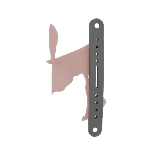 3D render of a delicate pink fabric fragment draped over a gray metal bracket with visible holes and a slot.