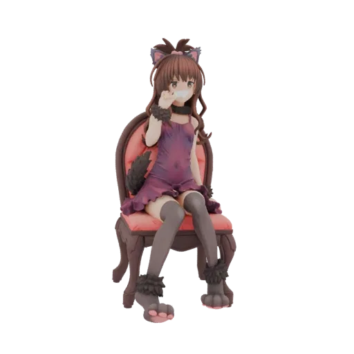 3D model of a cute neko girl with cat ears and tail, wearing a purple dress, sitting on a red ornate chair.