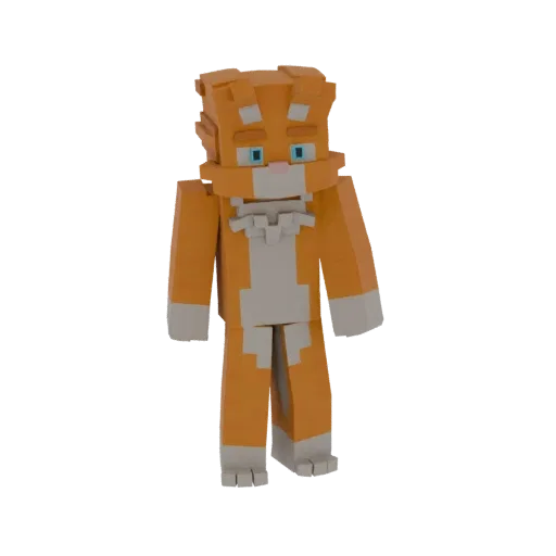 A 3D model of an orange tabby cat with blue eyes, rendered in a blocky, Minecraft-inspired style, standing against a white ba