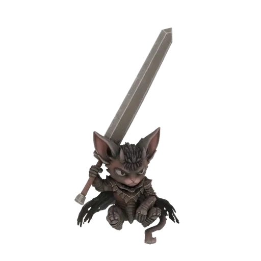 3D model of a chibi Guts from Berserk, a small, fierce warrior with dark hair and armor, holding a large sword.