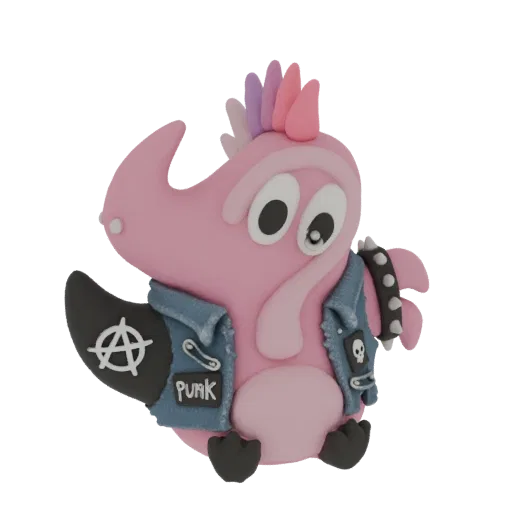 3D model of a pink punk unicorn dragon wearing a denim jacket with 'PUNK' patch and anarchy symbol on tail.
