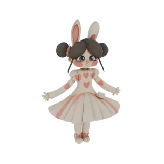 Modelo 3D de uma fofa coelhinha em estilo argila com vestido de corações rosa e bochechas rosadas, em pé com os braços estend