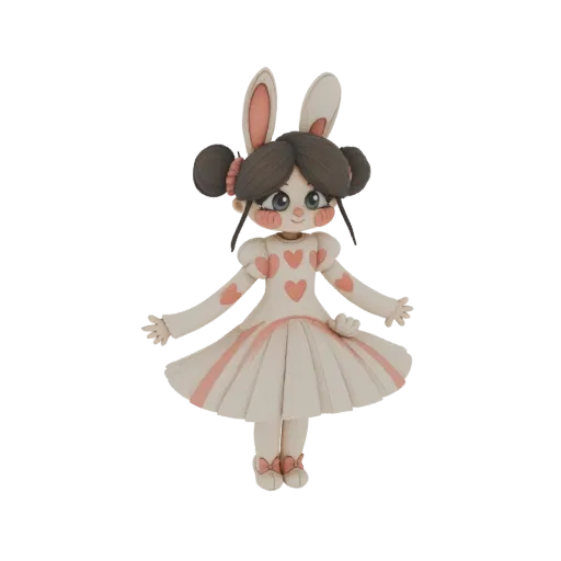 3D model of a cute clay-style bunny girl figurine with pink heart dress and rosy cheeks, standing with arms outstretched.