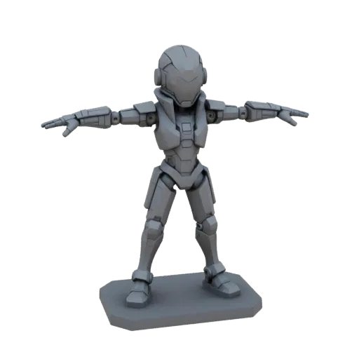 3D model of a cyberpunk street samurai character in a T-pose, wearing futuristic armor and a helmet, standing on a base.