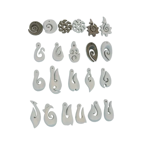 A collection of 3D models of Maori Hei Matau fish hook pendants, displayed in rows against a white background.