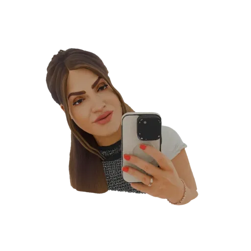 مجسم ثلاثي الأبعاد لامرأة بشعر بني، ترتدي بلوزة ذات نسيج، تلتقط صورة سيلفي بهاتف ذكي.
