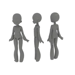 3D model of a stylized female doll base shown from front, side, and back views against a white background.