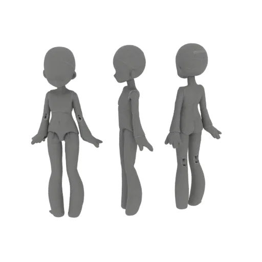 Modelo 3D de uma base de boneca estilizada feminina mostrada das vistas frontal, lateral e traseira contra um fundo branco.
