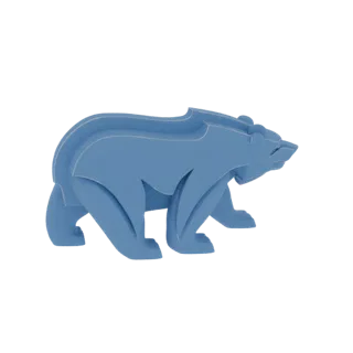 A 3D render of a stylized blue bear with sharp, geometric lines, standing in profile.