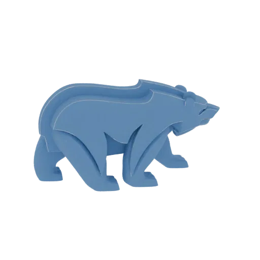 Un render 3D di un orso blu stilizzato con linee geometriche nette, in piedi di profilo.