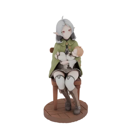 3D-Modell einer Elfenmutter mit silbernem Haar und spitzen Ohren, trägt grünen Umhang, sitzt und hält ein gewickeltes Baby.