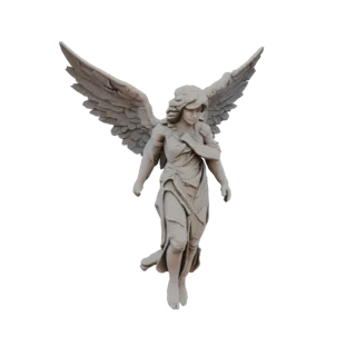 3D model of an angel statue in flowing robes, looking down with an expression of peace and grace.