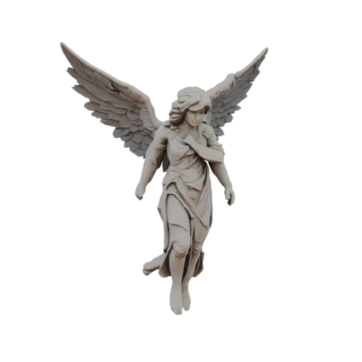 3D-Modell einer Engelsstatue in wallenden Gewändern, die mit einem Ausdruck von Frieden und Anmut nach unten blickt.