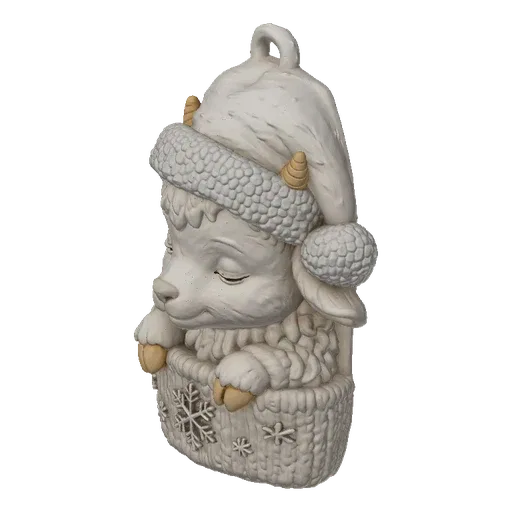 3D model render of a cute, sleeping sheep wearing a winter hat and sitting in a basket decorated with snowflakes.