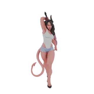 Modelo 3D de una hechicera demoníaca con cabello oscuro, cuernos, cola larga, vistiendo leotardo blanco y shorts de mezclilla