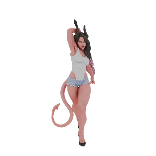 3D-Modell einer dämonischen Zauberin mit dunklem Haar, Hörnern, langem Schwanz, in weißem Body und Jeans-Shorts, in einer sel