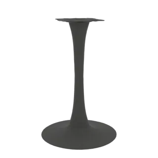Ein 3D-Rendering eines modernen, dunkelgrauen Sockeltischfußes mit einer glatten, tulpenähnlichen Silhouette, einem breiten k