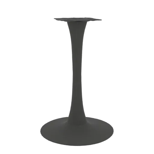 A 3D render of a modern, dark gray pedestal table base with a smooth, tulip-like silhouette, featuring a wide circular base a