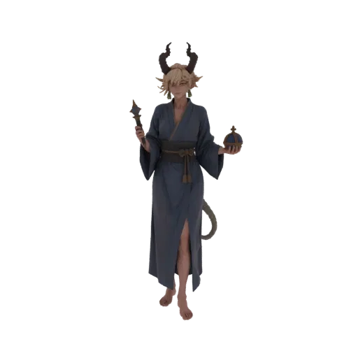3D model of a fantasy sorceress with horns, wearing a dark robe, holding a glowing orb and a staff.