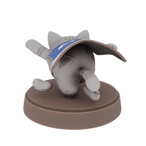 3D model of a grey cat with a blue and white cape running dynamically on a brown circular base.