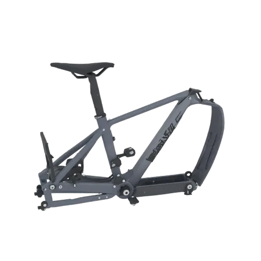 Modelo 3D do quadro da bicicleta Basher 5 em cor cinza com proteção de câmera integrada, mostrado de lado.