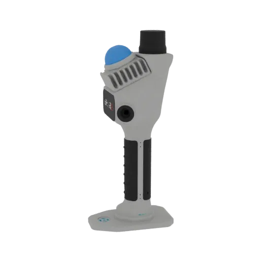 3D model of a futuristic handheld scanner with a gray body, black grip, and a prominent blue orb on top, resting on a white b