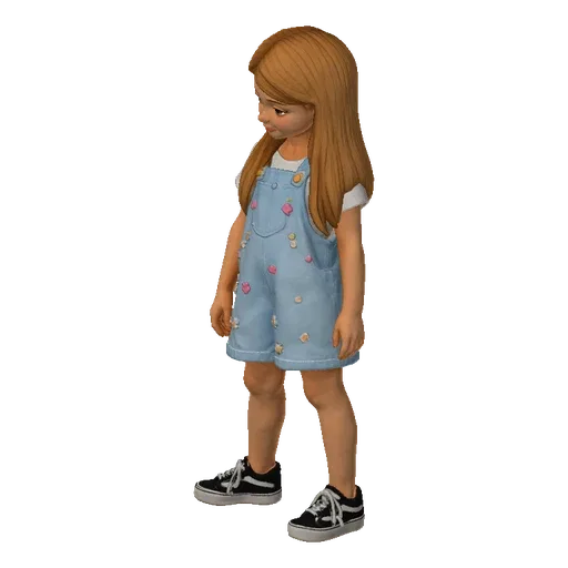 3D model of a cute young girl with brown hair, wearing a white t-shirt and light blue overalls with floral appliques, and bla