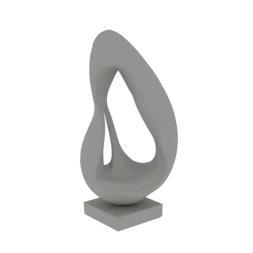 Un rendu 3D d'une sculpture abstraite grise lisse avec une forme organique fluide, montée sur une base carrée, sur fond blanc
