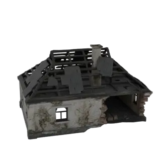 3D model of a ruined house with a collapsed roof, exposed wooden beams, and a damaged chimney, set against a white background