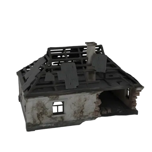 3D model of a ruined house with a collapsed roof, exposed wooden beams, and a damaged chimney, set against a white background
