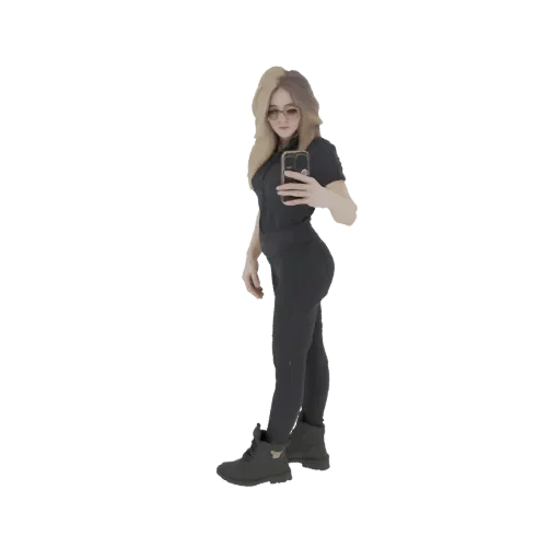 3D model of a woman in a black jumpsuit holding a smartphone to take a selfie, with a confident pose.